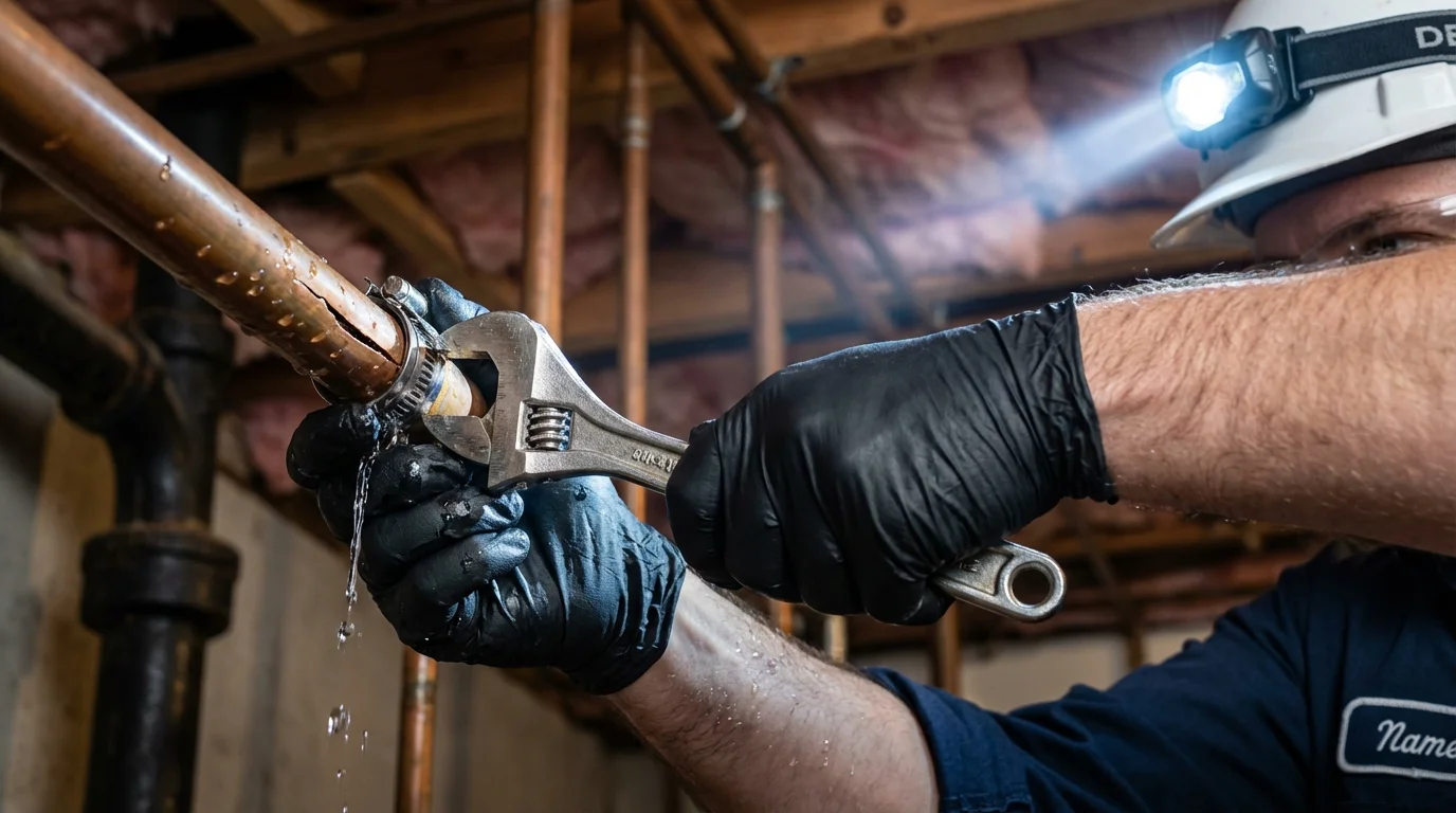 Emergency pipe clamp repair being performed by a Johns Plumbing LLC plumber in Coraopolis